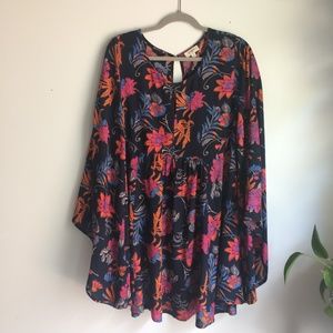 Umgee USA Women’s Small Floral Mini Dress with Wide Flowy Sleeves and Skirt